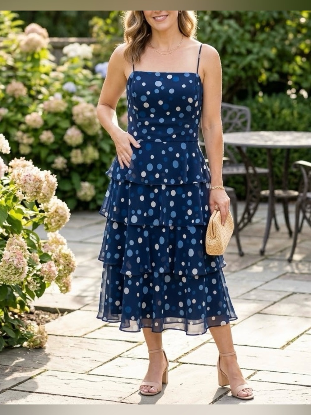 Dressbarn Navy Blue Polka Dot Tiered Chiffon Midi Dress Ruffle Size 12 GUC - Picture 1 of 13